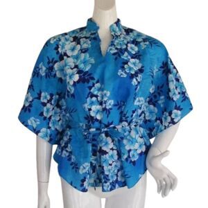 Vintage Hawaiian Top, OS, Half Caftan, Sash belt, Blue Floral